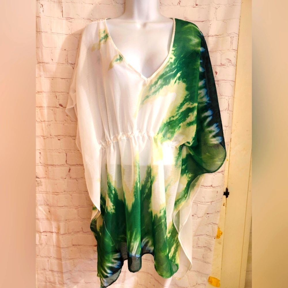 New Trina Turk Green/White Chiffon Watercolor Swim Coverup Sz.S Ret.$148